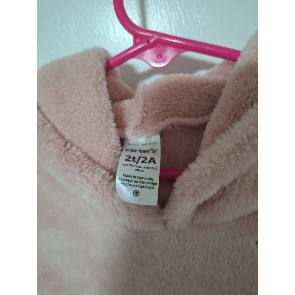 Carter's Toddler Girls Size 2T Pink Fuzzy Fleece Pullover Hoodie Heart Pocket